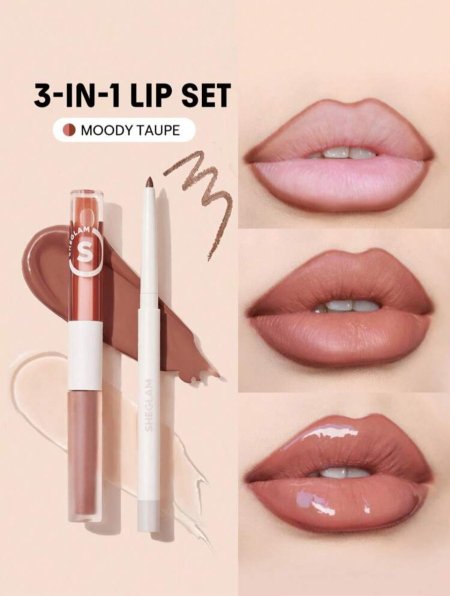 SHEGLAM Soft 90's Glam Lip Liner And Lip Duo Set-Moody Taupe Lip Set 3-In-1